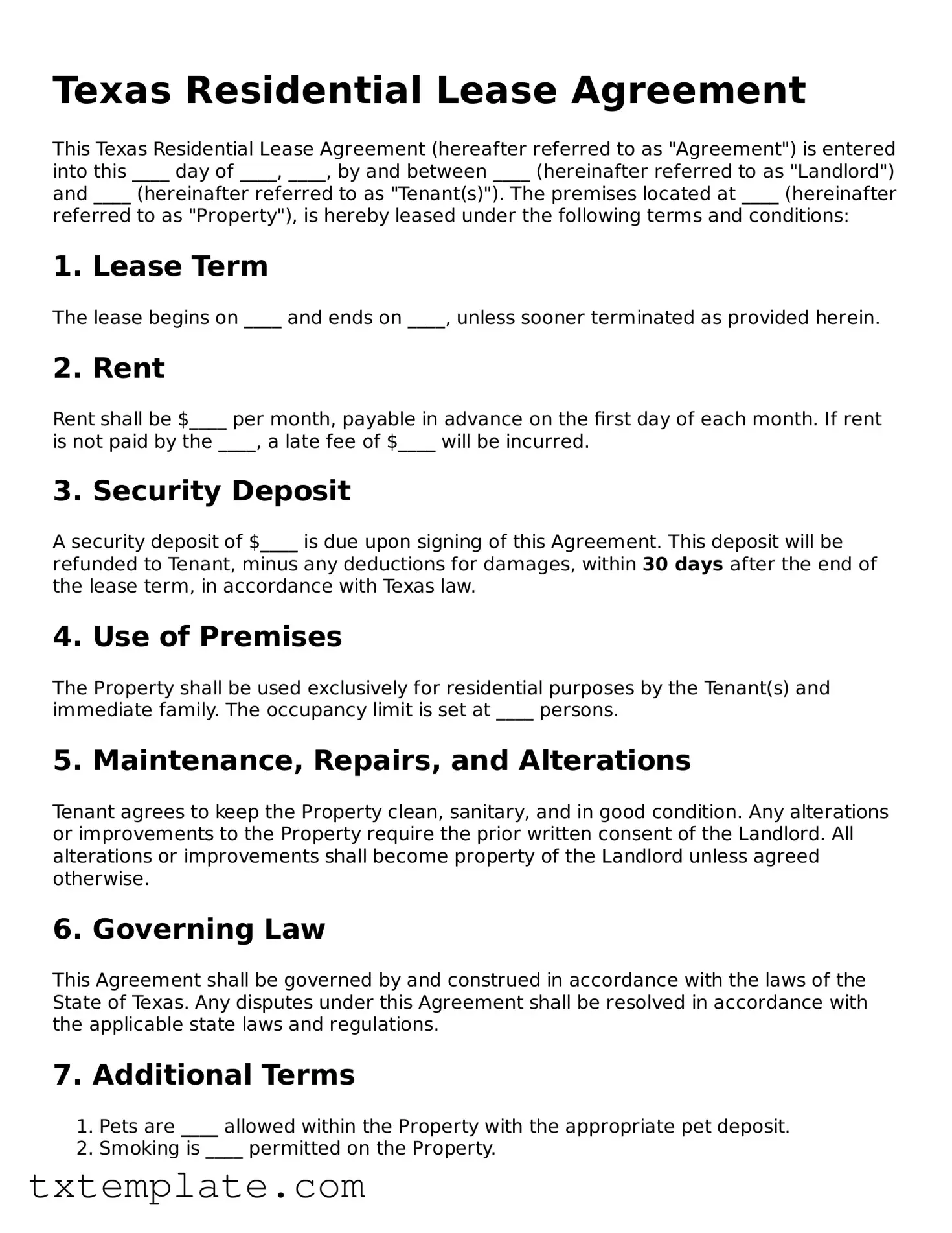 Fillable Texas Residential Lease Agreement Form