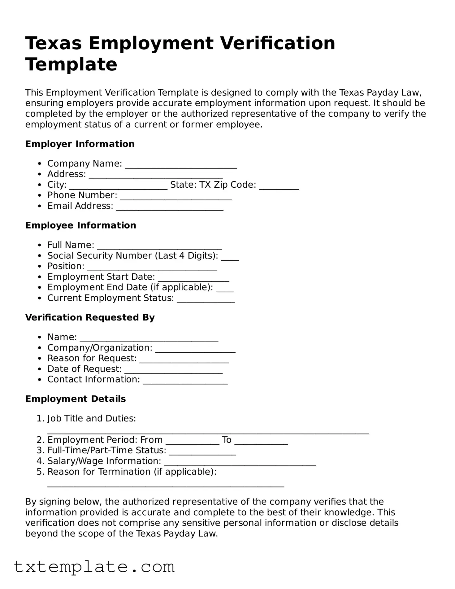 Fillable Texas Employment Verification Form