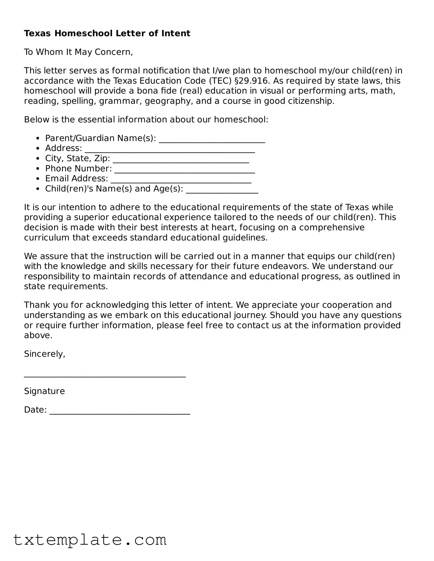 Fillable Texas Homeschool Letter of Intent Form
