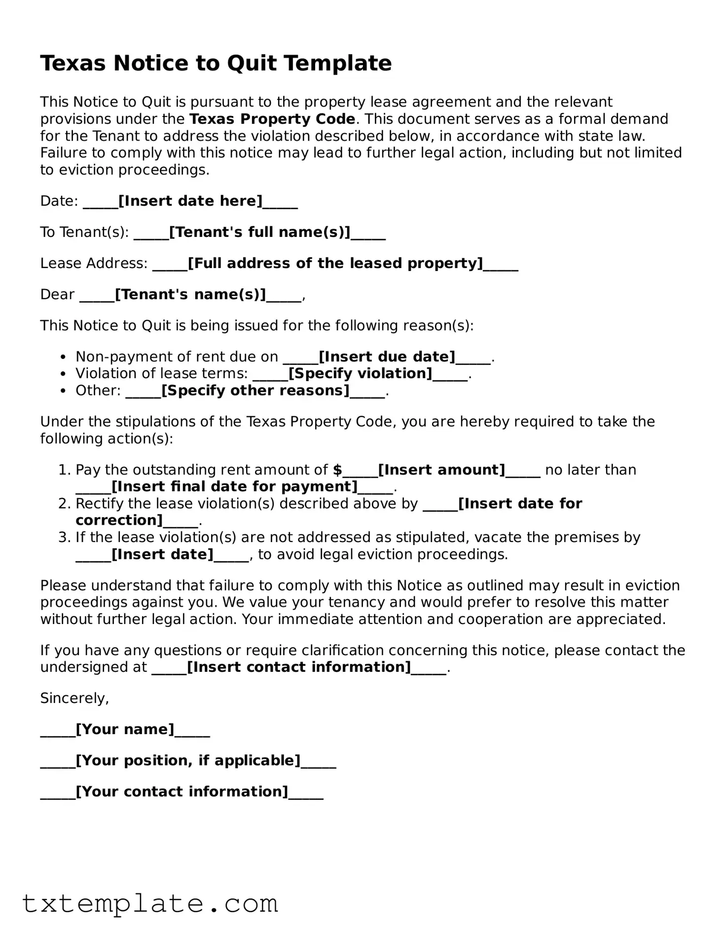 Fillable Texas Notice to Quit Form