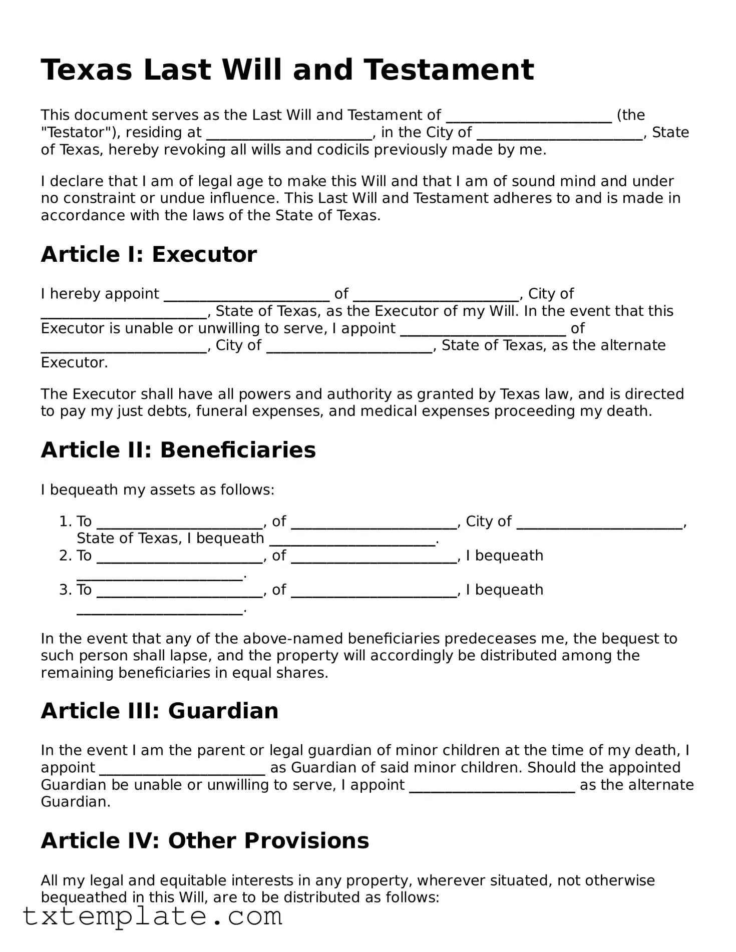 Fillable Texas Last Will and Testament Form