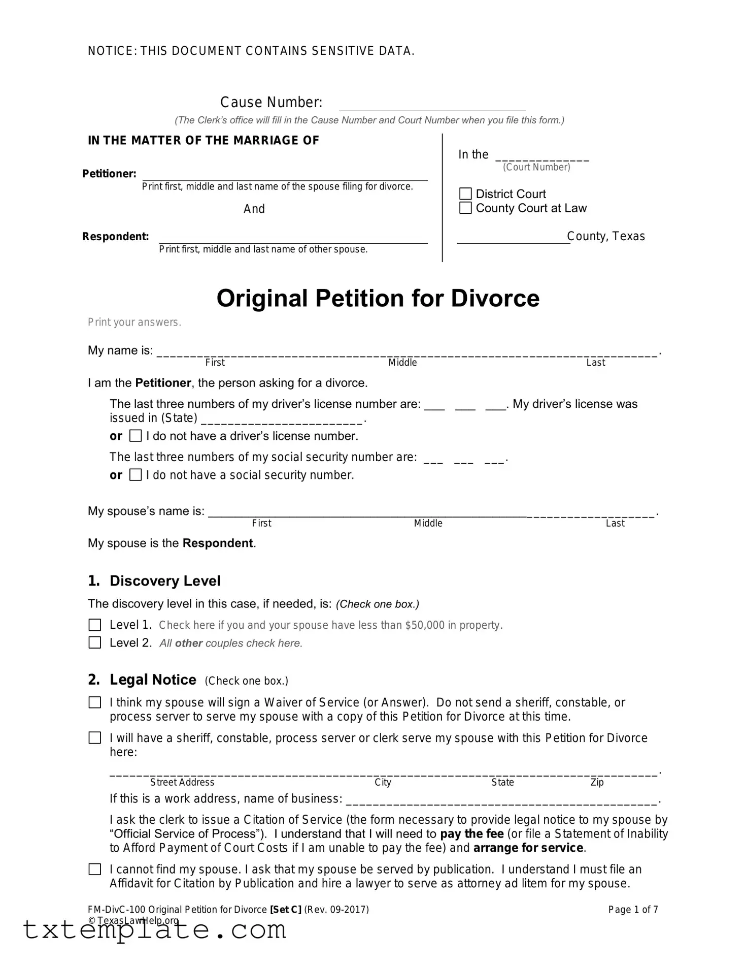 Download Texas Law Help FM-DivC-100 Original Petition for Divorce Set C Template
