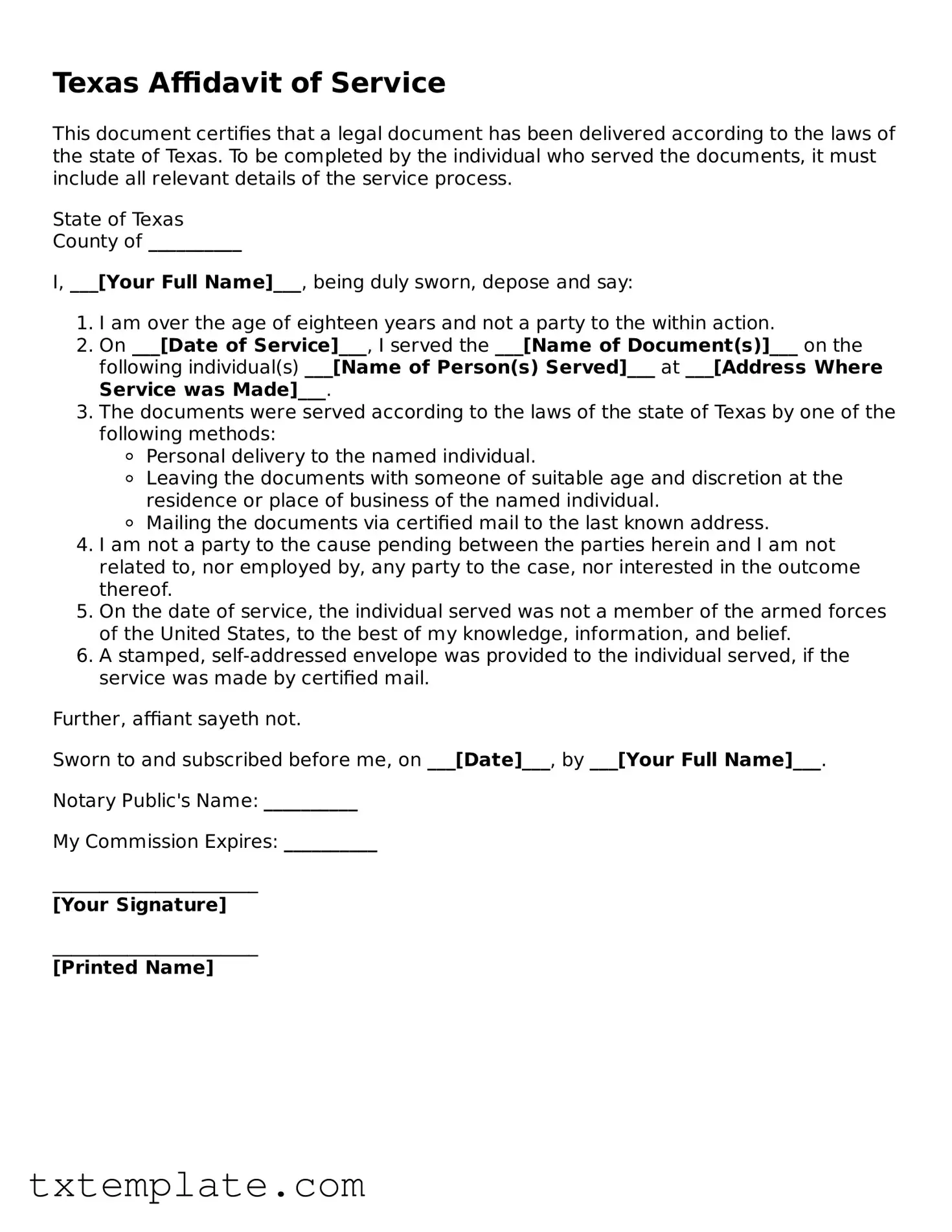 Fillable Texas Affidavit of Service Form