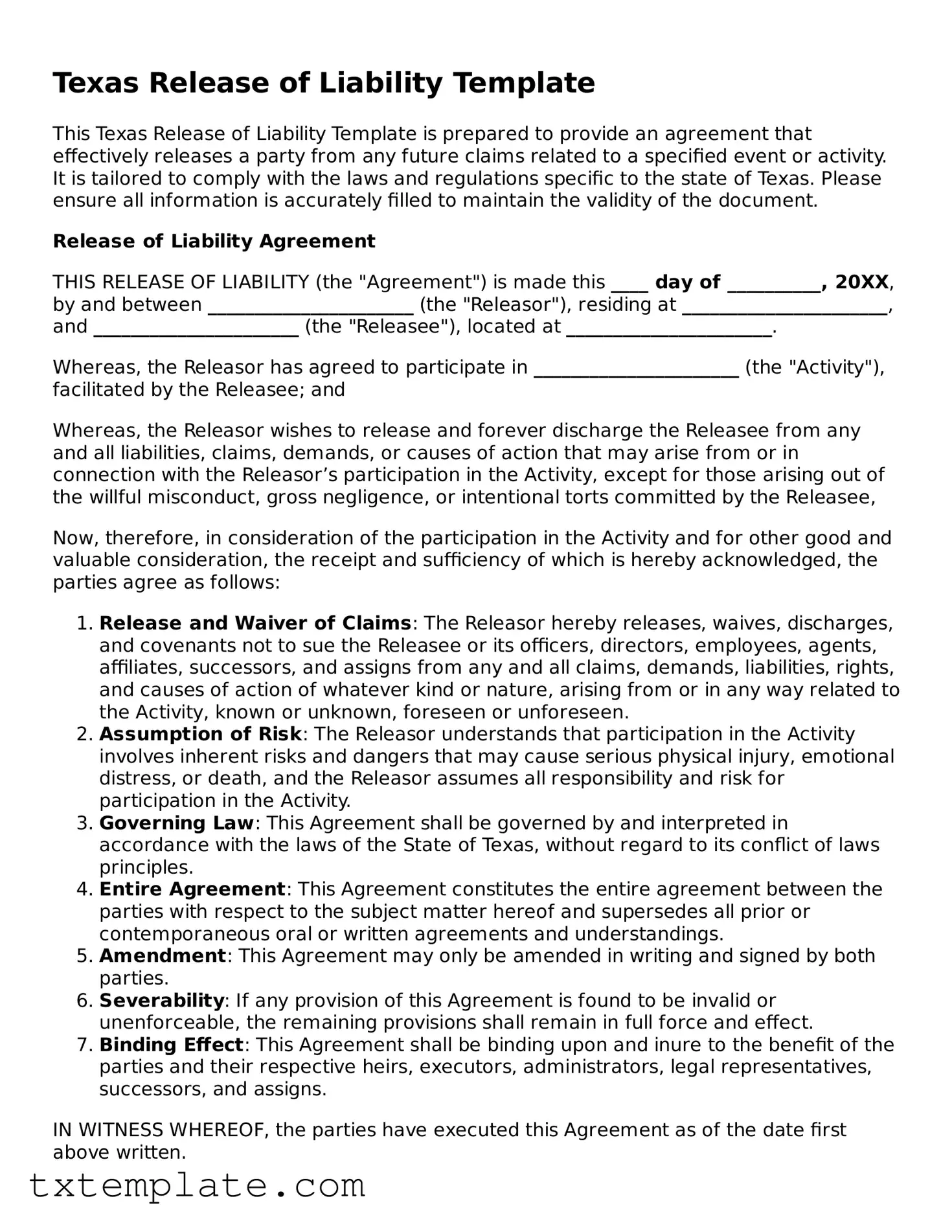 Fillable Texas Release of Liability Form