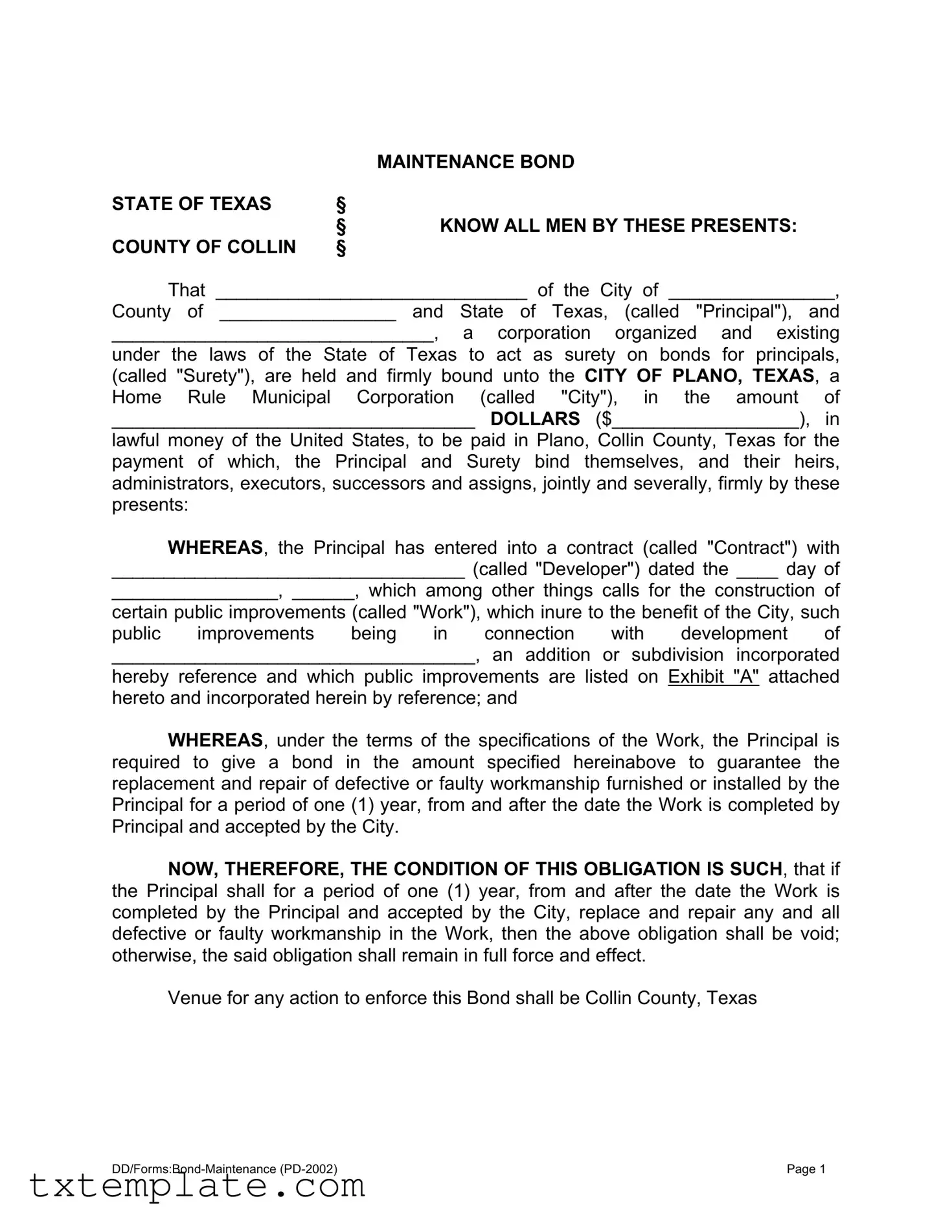 Download Texas Maintenance Bond Template