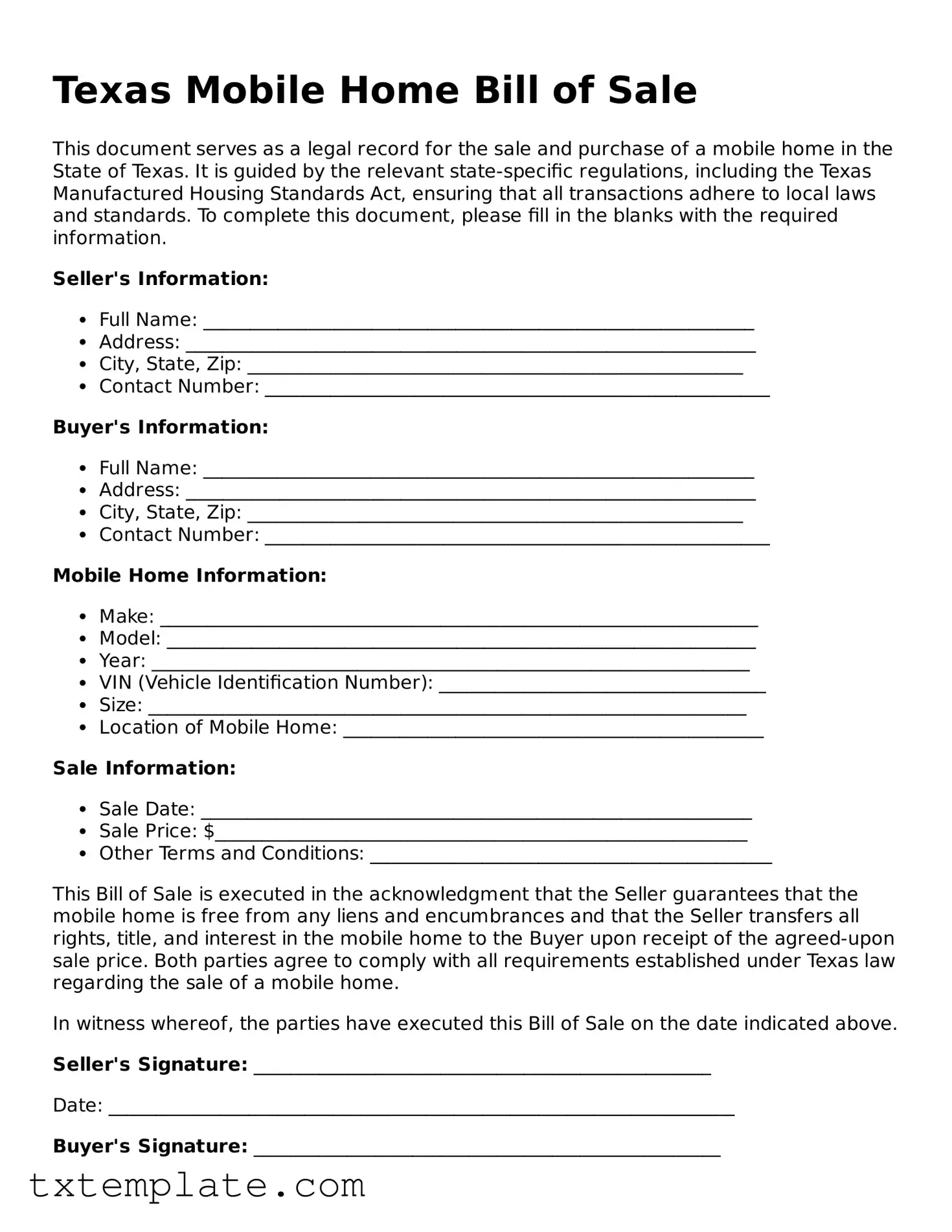 Fillable Texas Mobile Home Bill of Sale Form