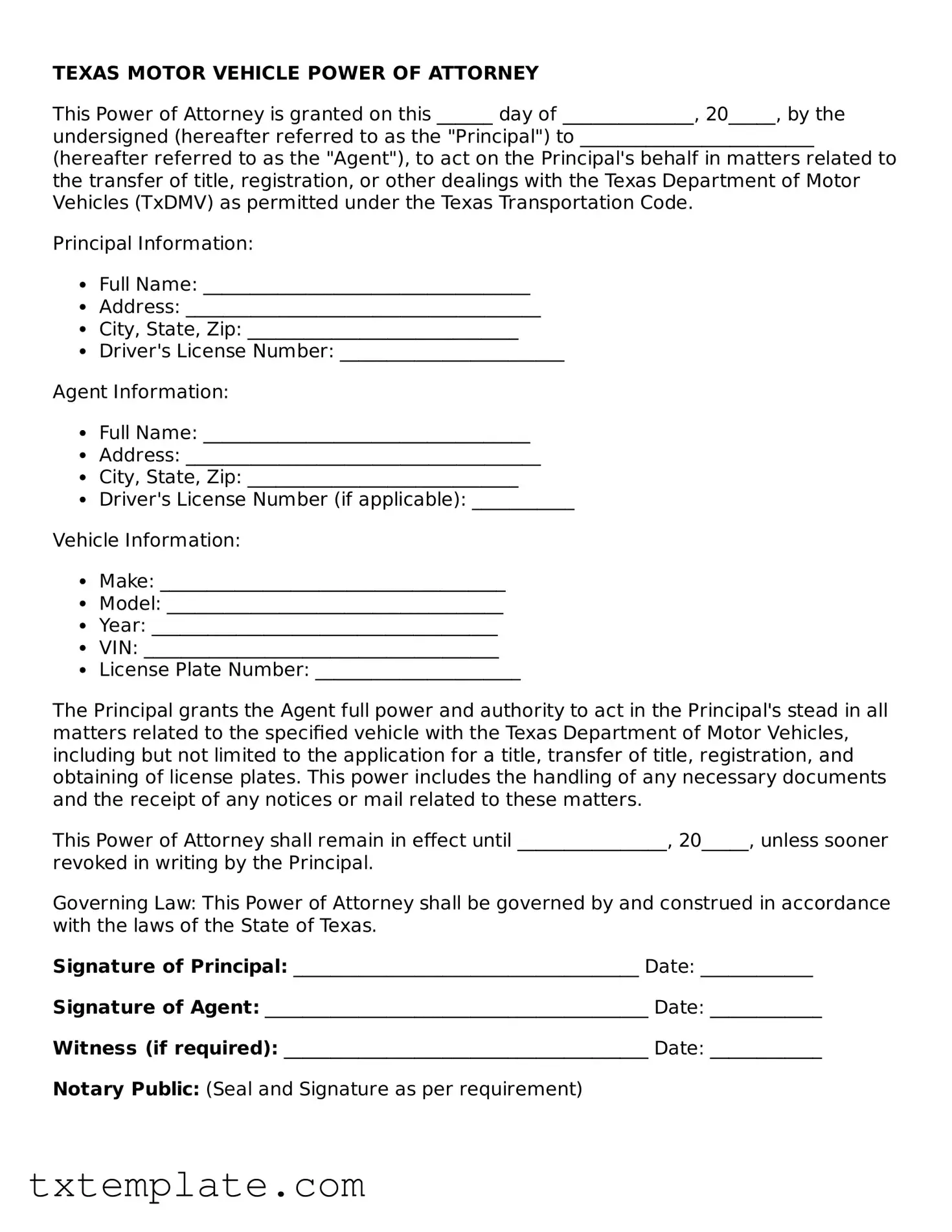 Fillable Texas Motor Vehicle Power of Attorney Form
