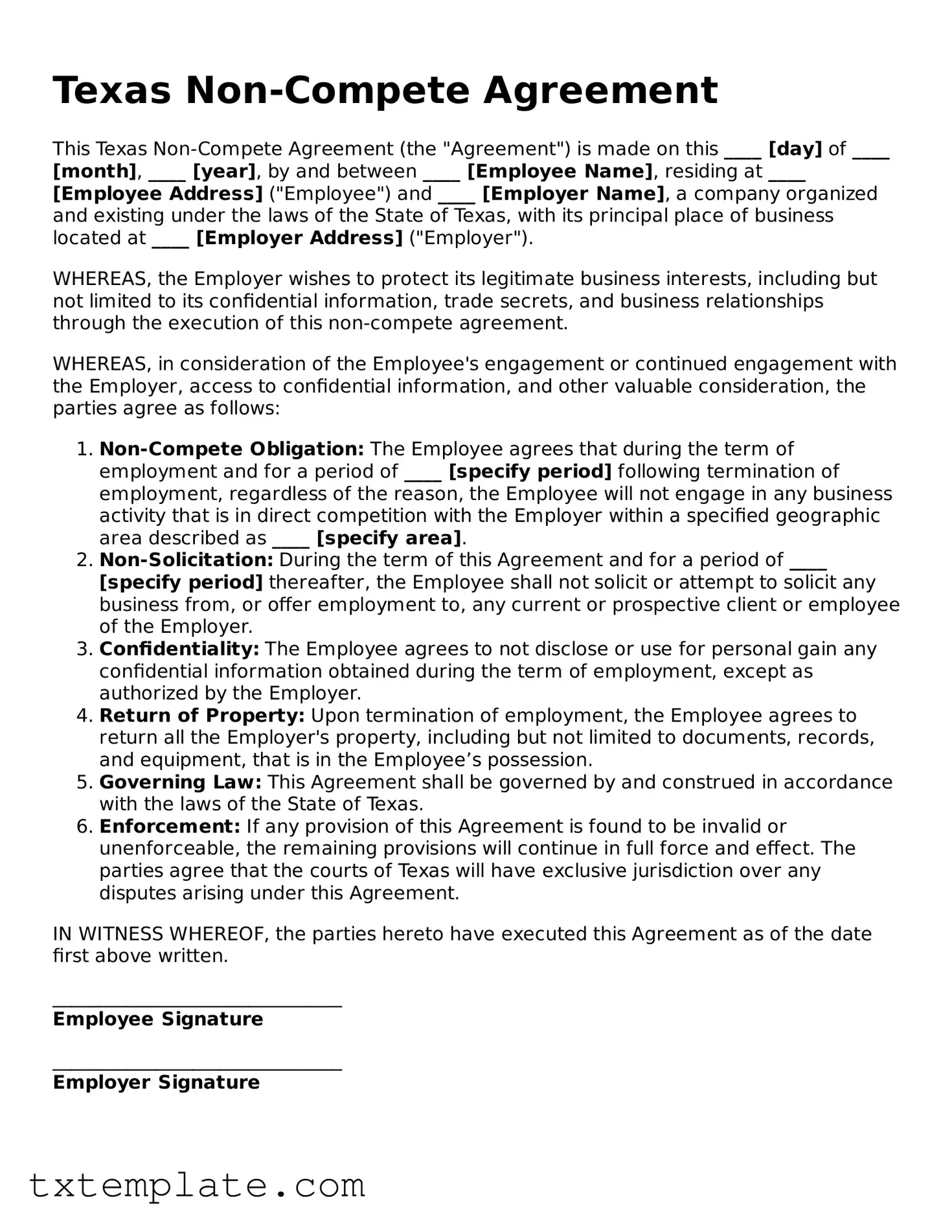 Fillable Texas Non-compete Agreement Form