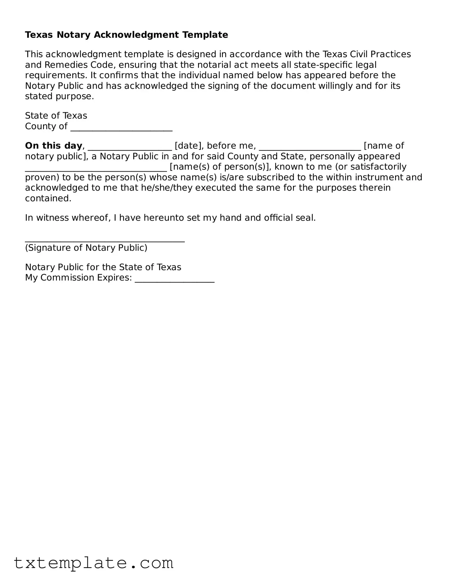 Fillable Texas Notary Acknowledgement Form