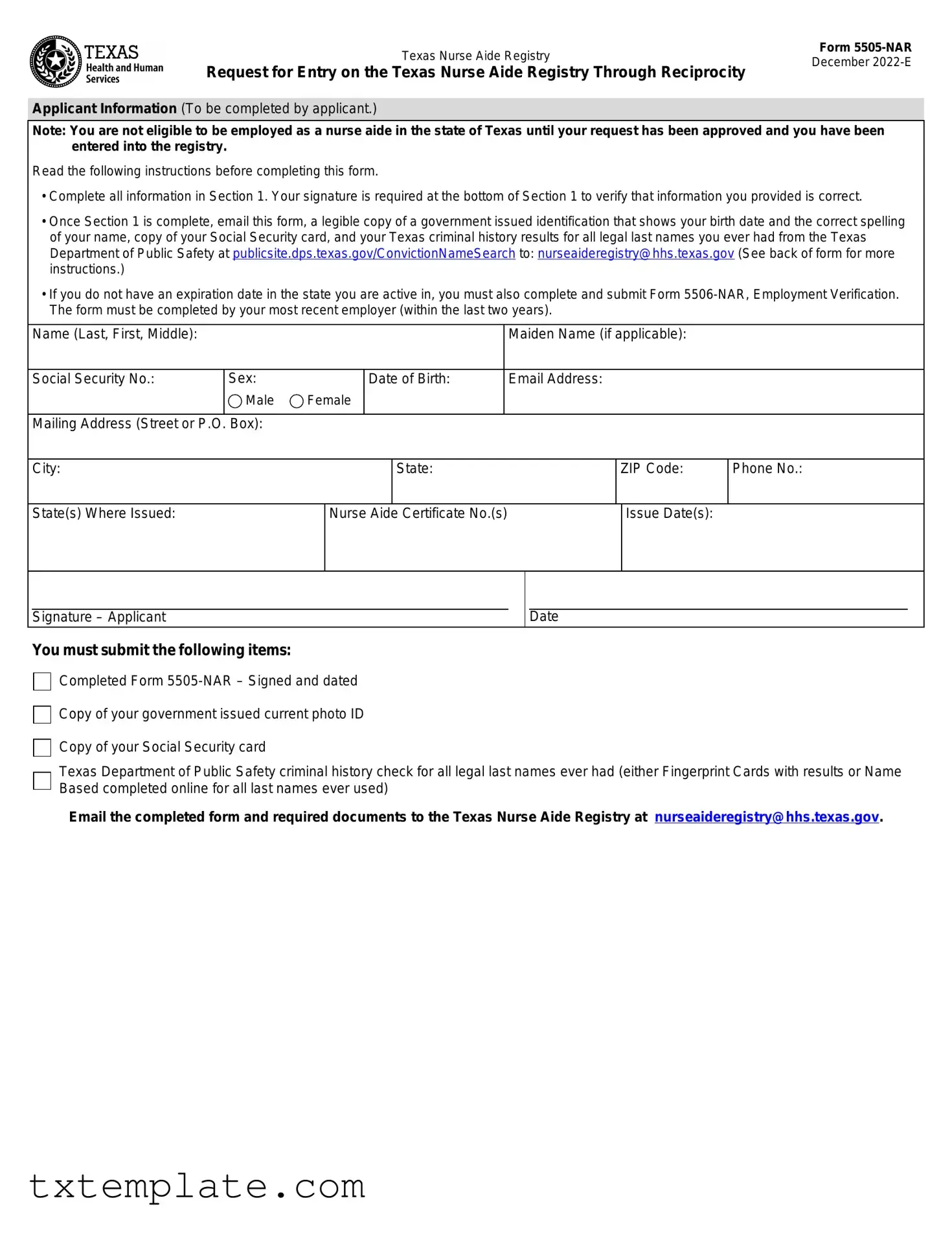 Download Texas Nurse Aide Registry 5505-NAR Template