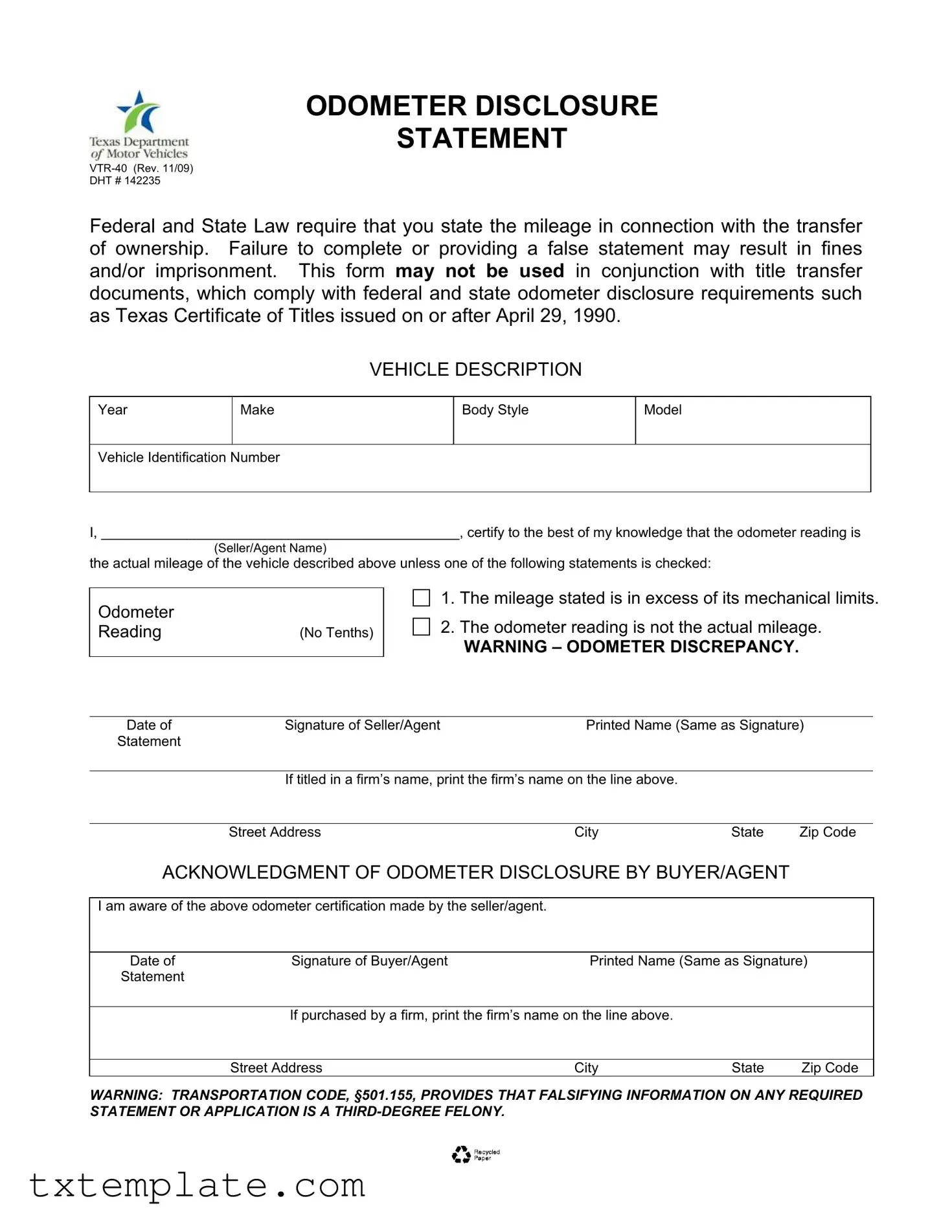 Download Texas Odometer Statement Template