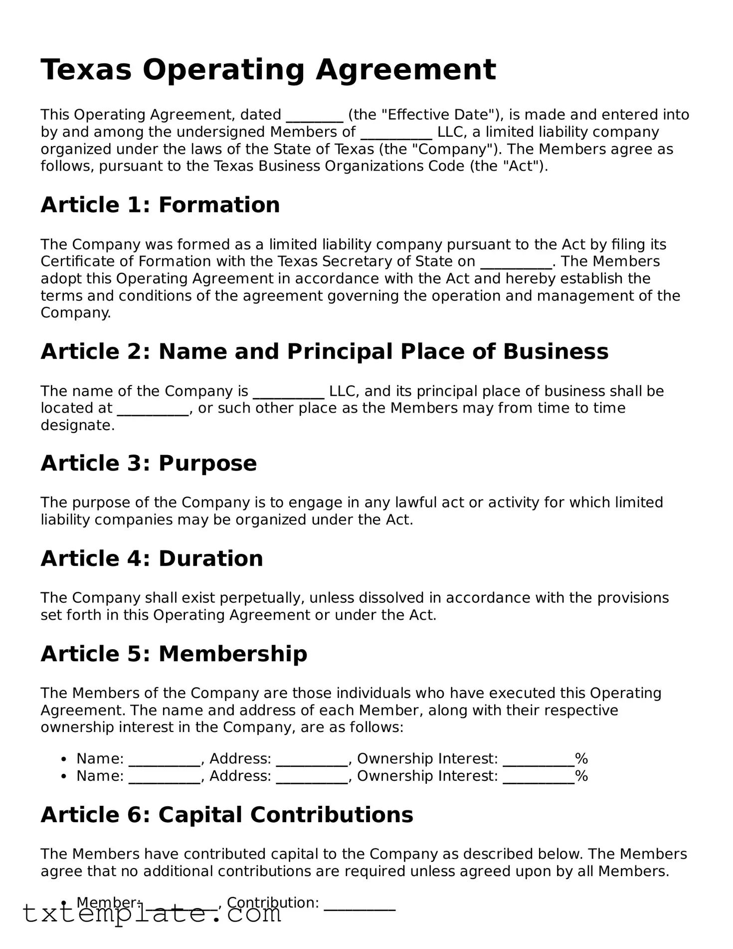 Fillable Texas Operating Agreement Form