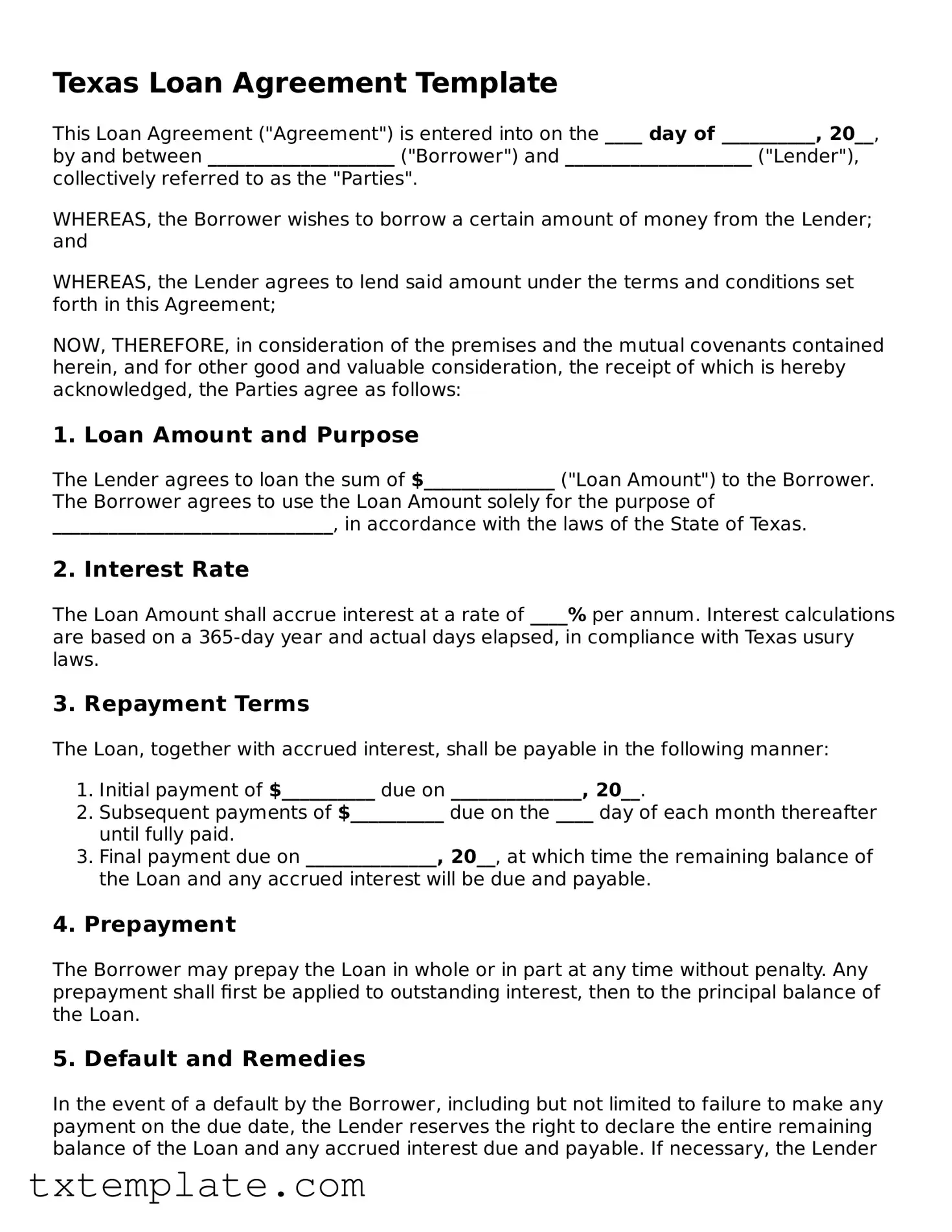 Fillable Texas Loan Agreement Form