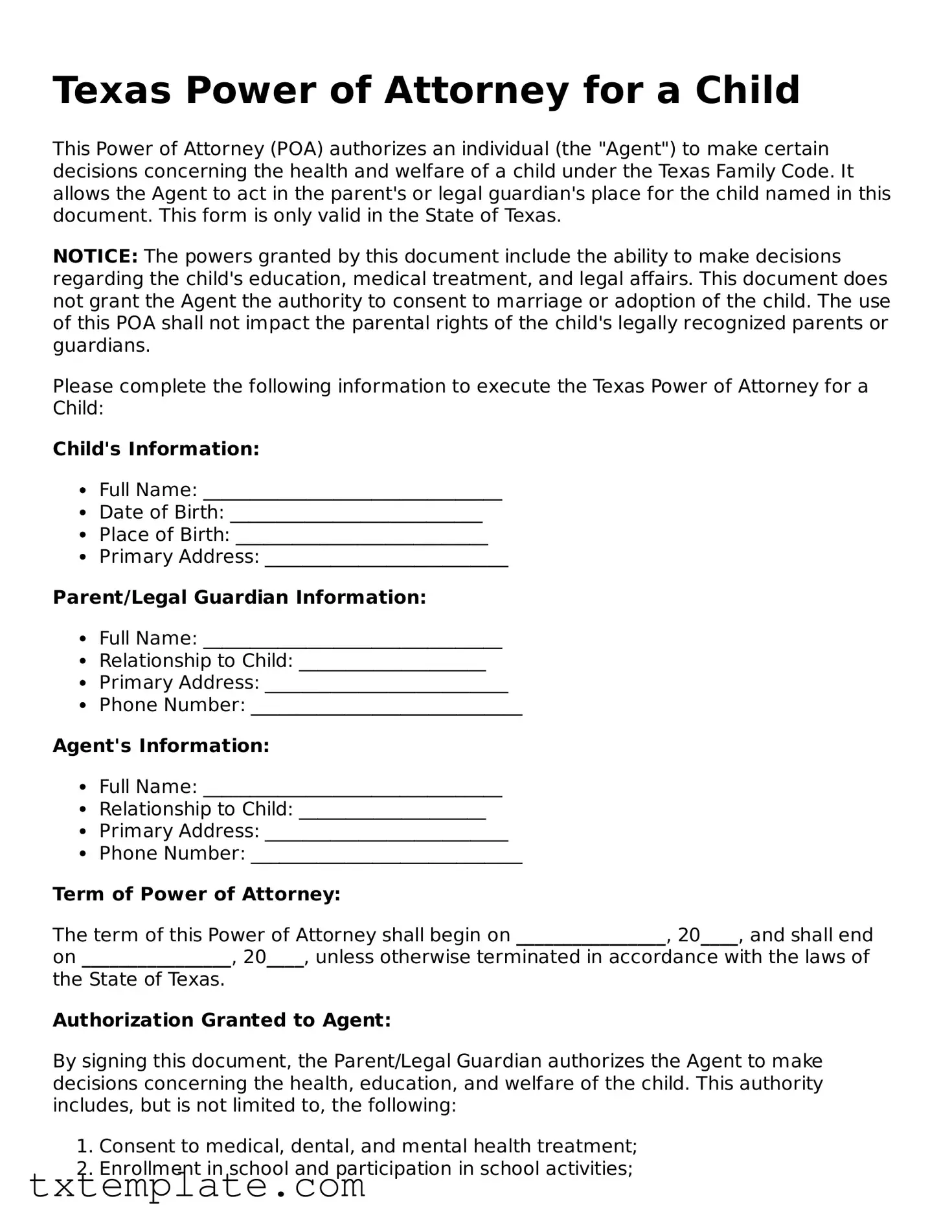 Fillable Texas Power of Attorney for a Child Form