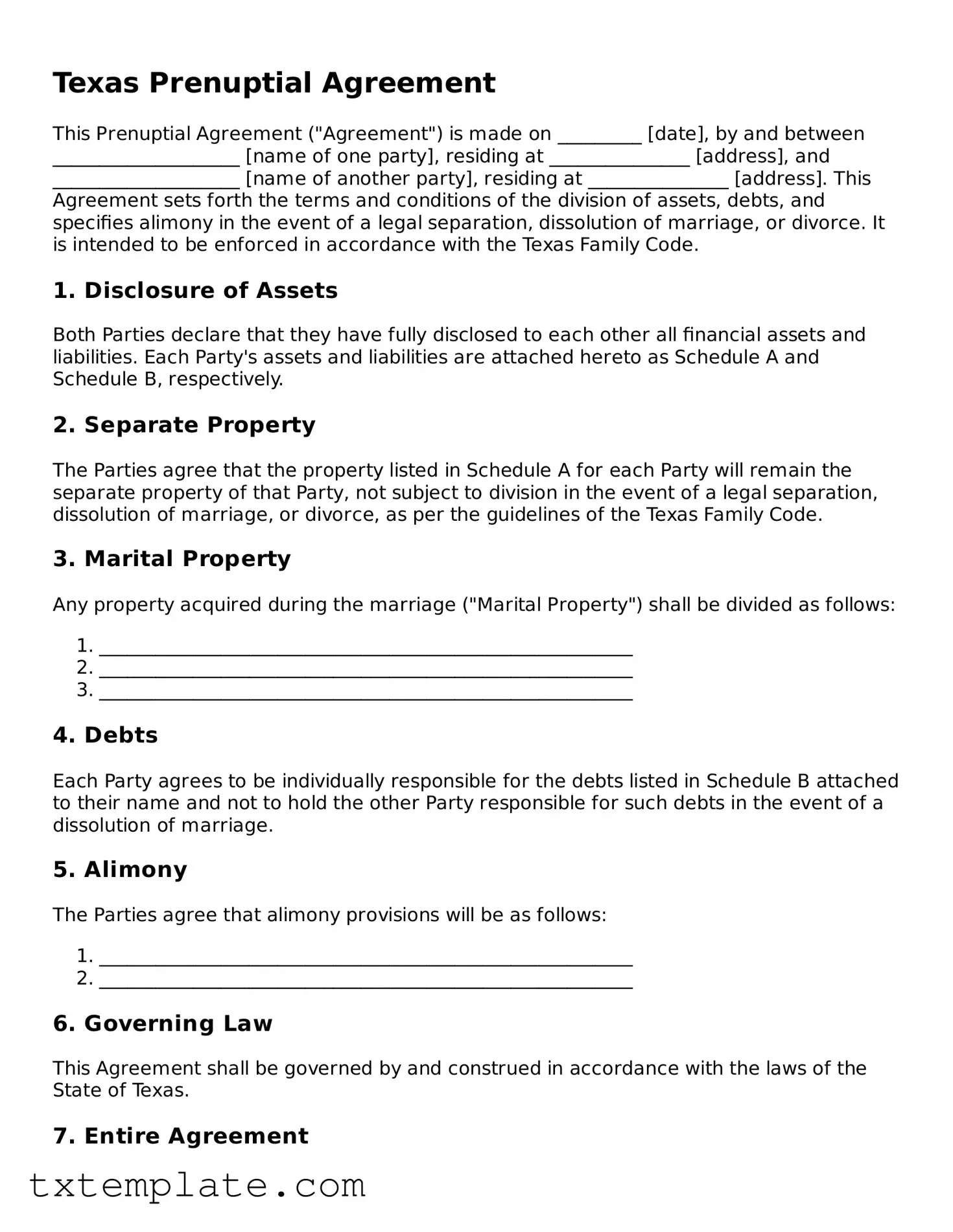 Fillable Texas Prenuptial Agreement Form
