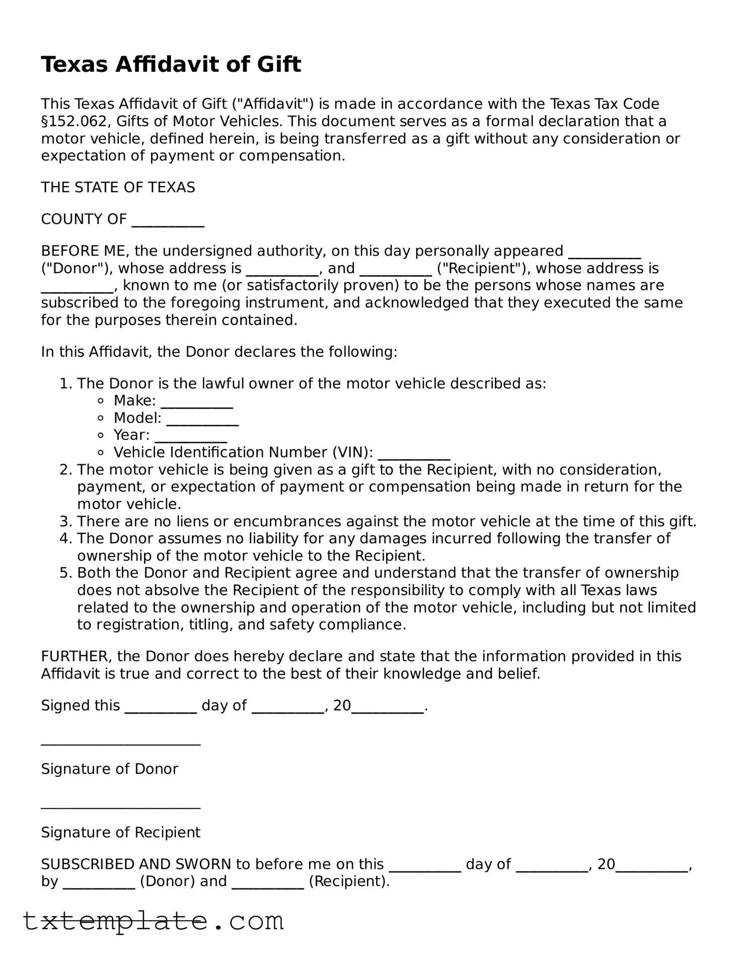 Fillable Texas Affidavit of Gift Form