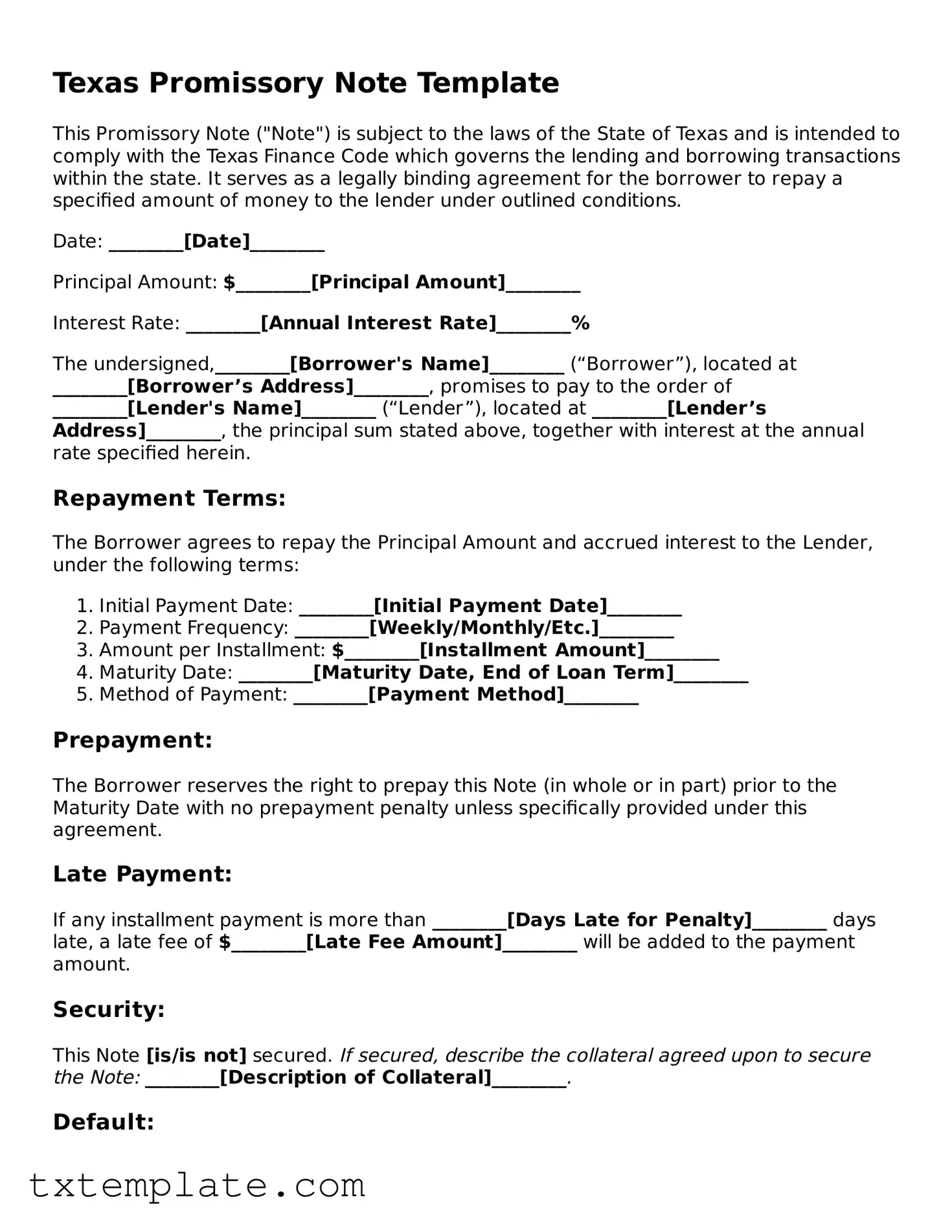 Fillable Texas Promissory Note Form