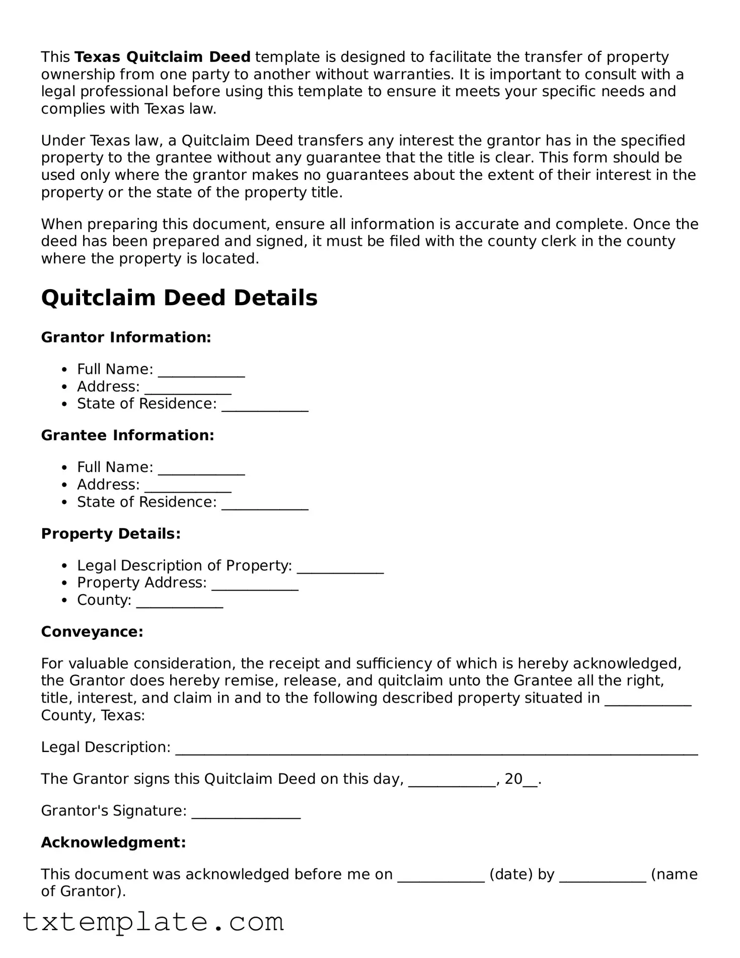 Fillable Texas Quitclaim Deed Form