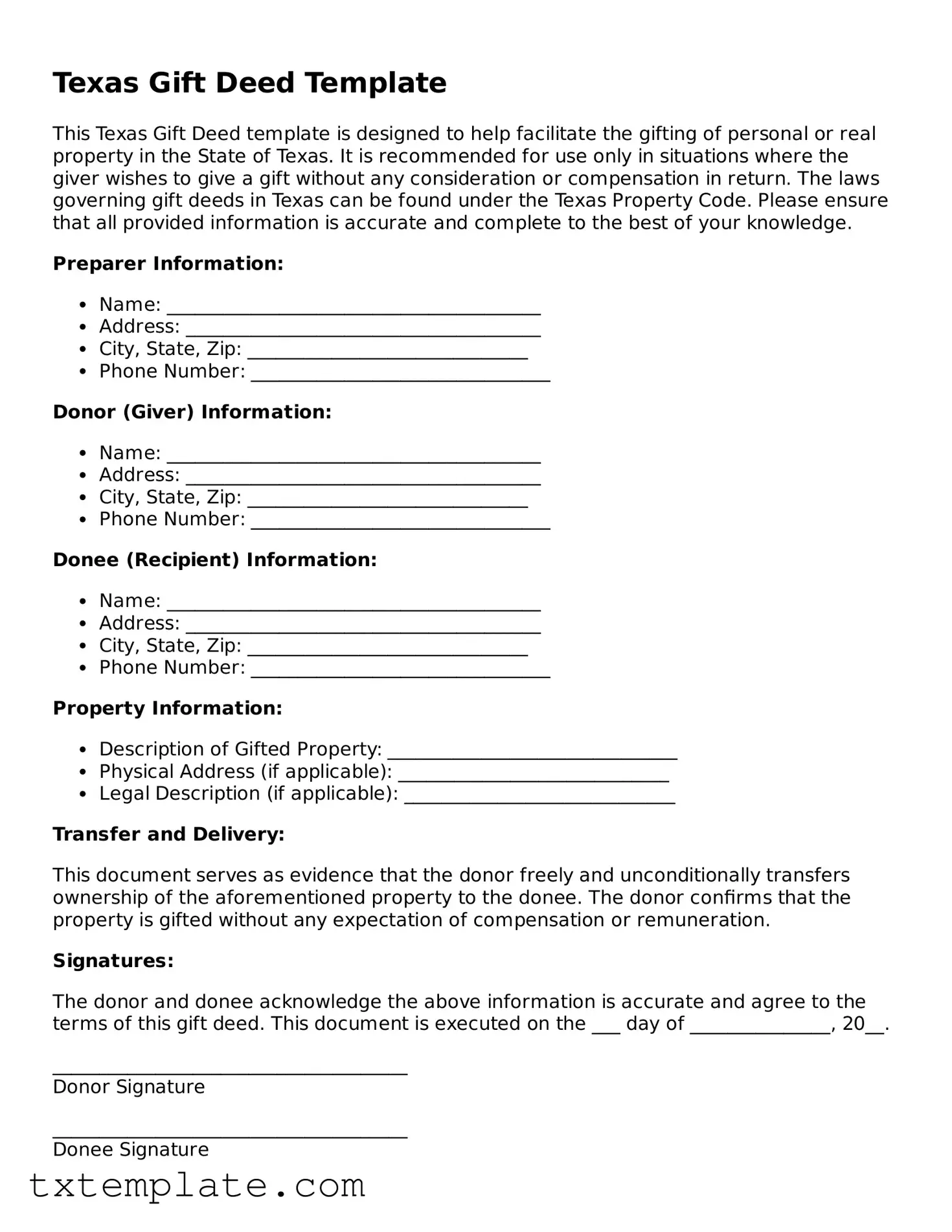 Fillable Texas Gift Deed Form
