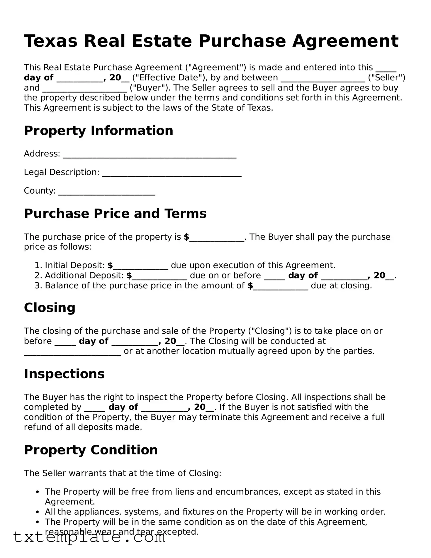 Fillable Texas Real Estate Purchase Agreement Form