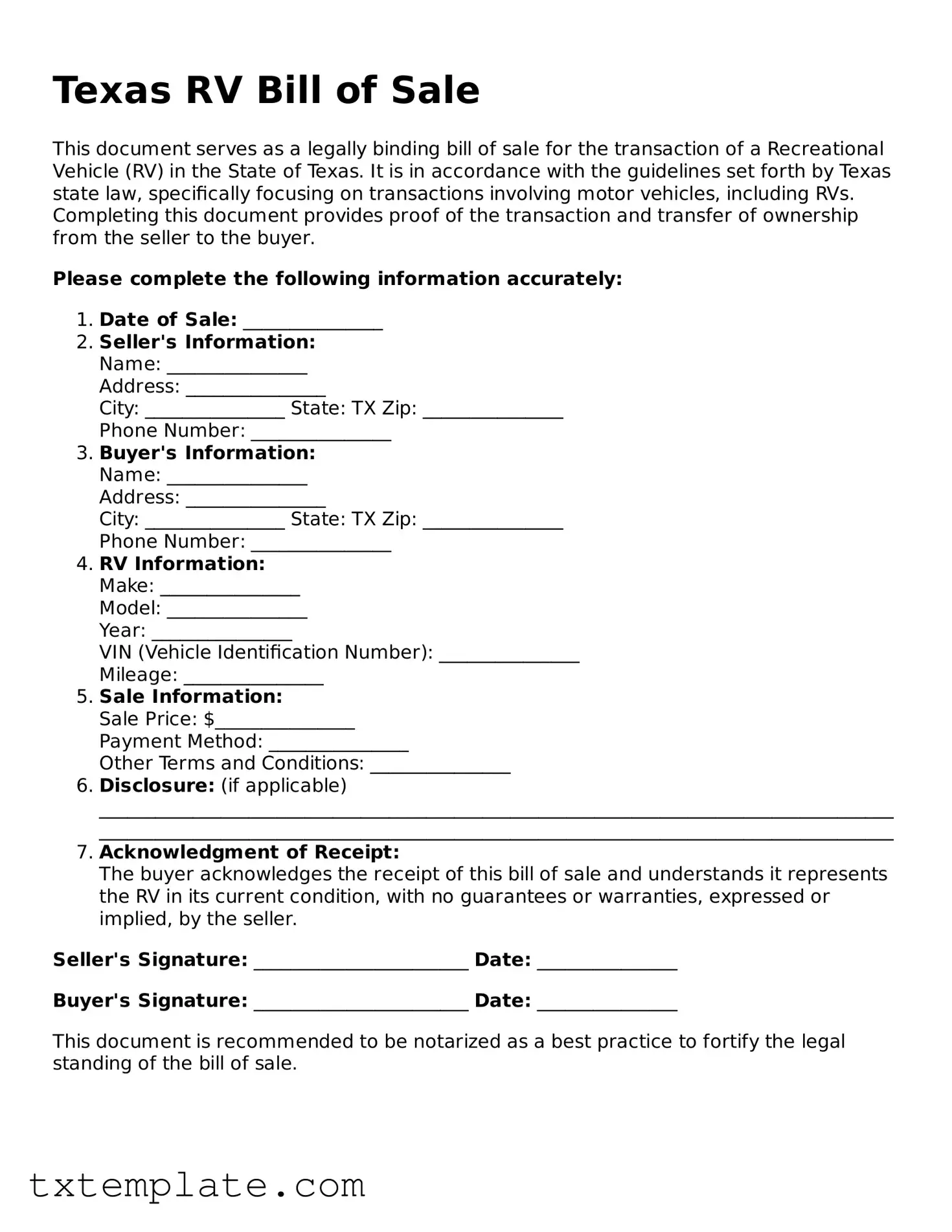Fillable Texas RV Bill of Sale Form
