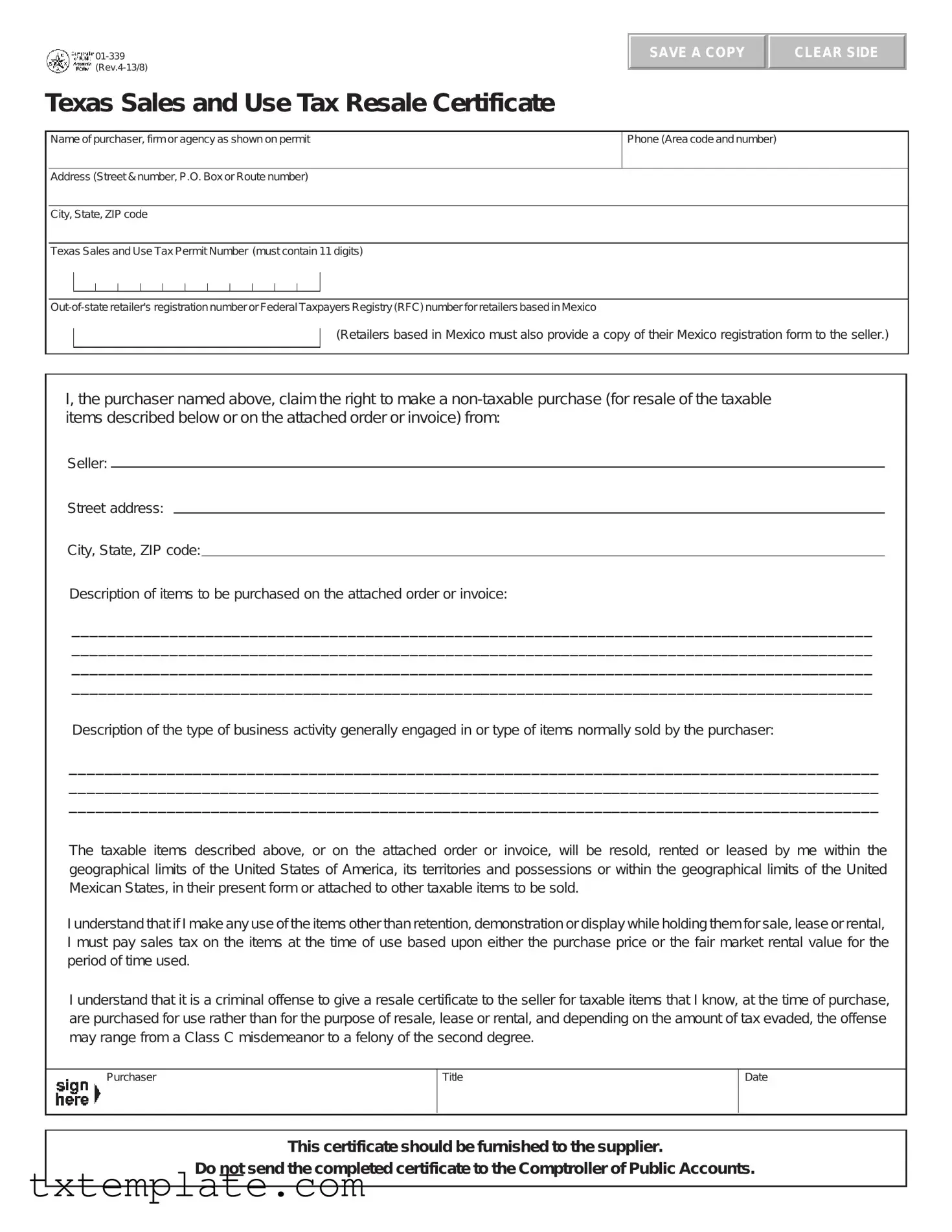 Download Texas Resale Certificate 01 339 Template