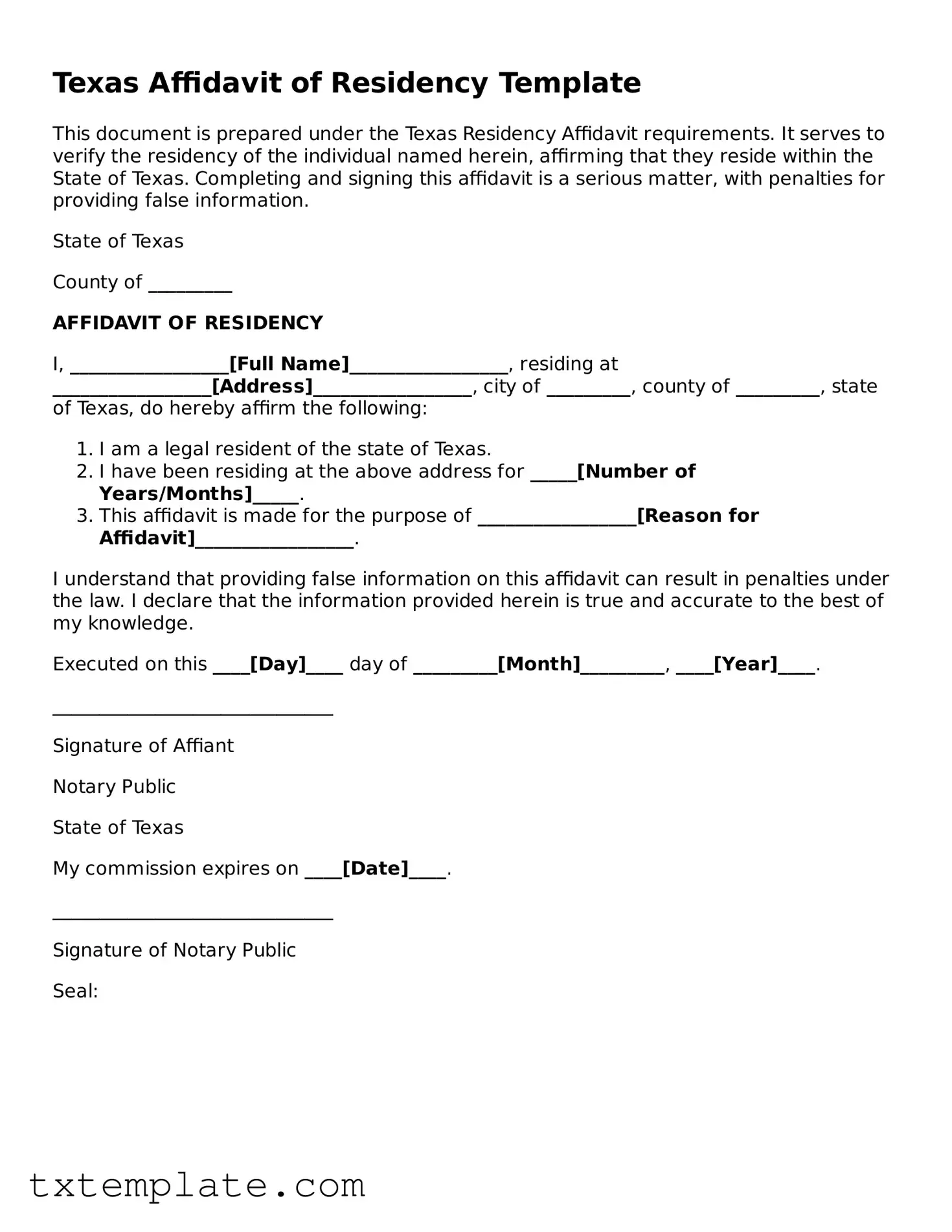Fillable Texas Affidavit of Residency Form