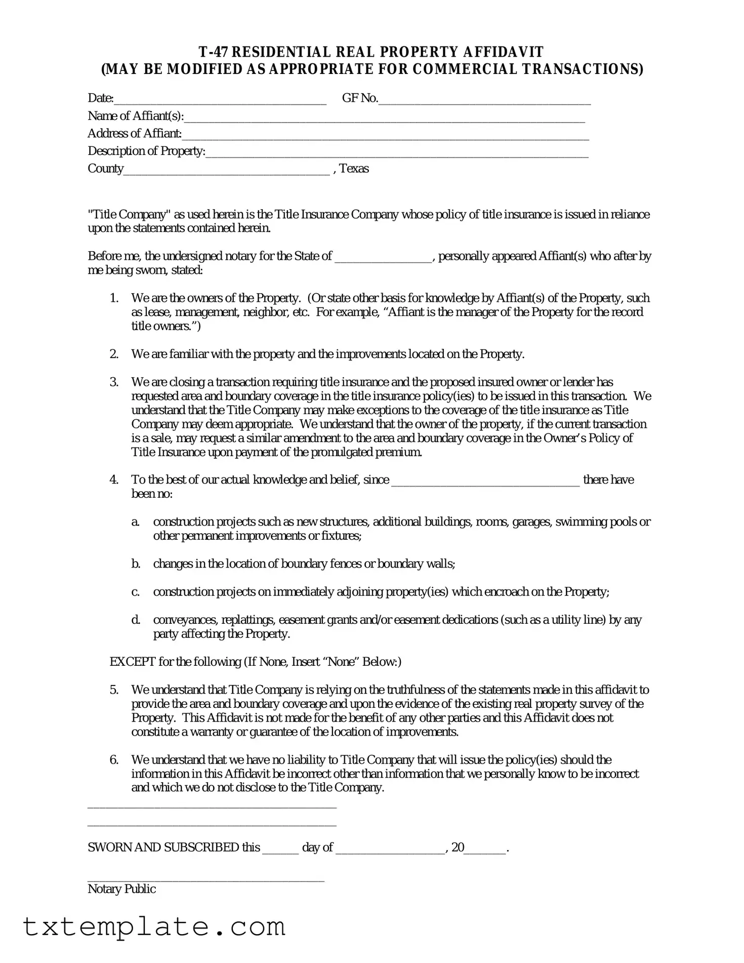 Download Texas residential property affidavit T-47 Template
