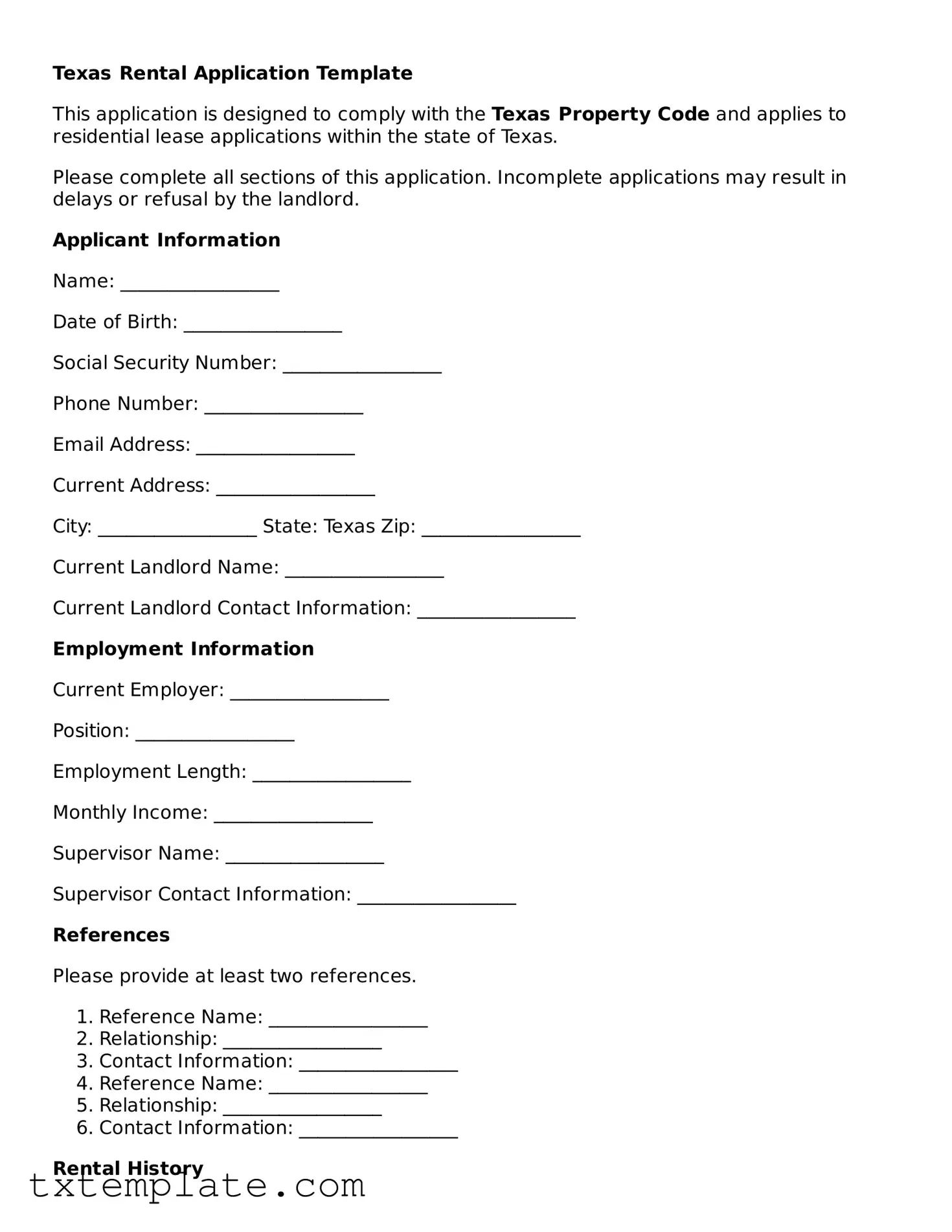 Fillable Texas Rental Application Form