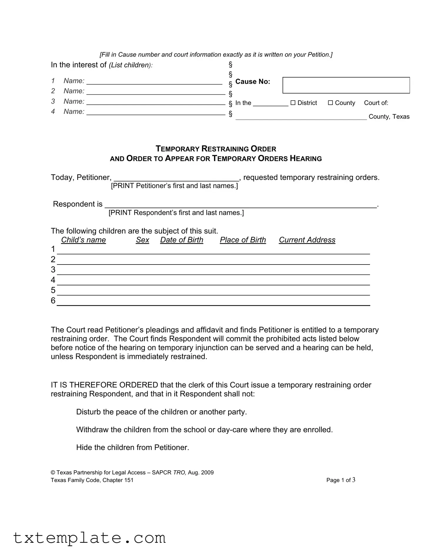 Download Texas Temporary Restraining Order Template