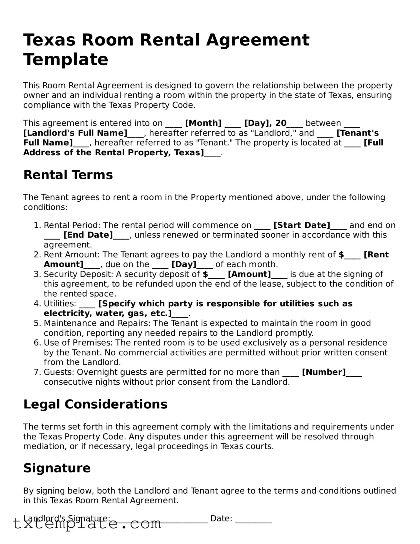 Fillable Texas Room Rental Agreement Form