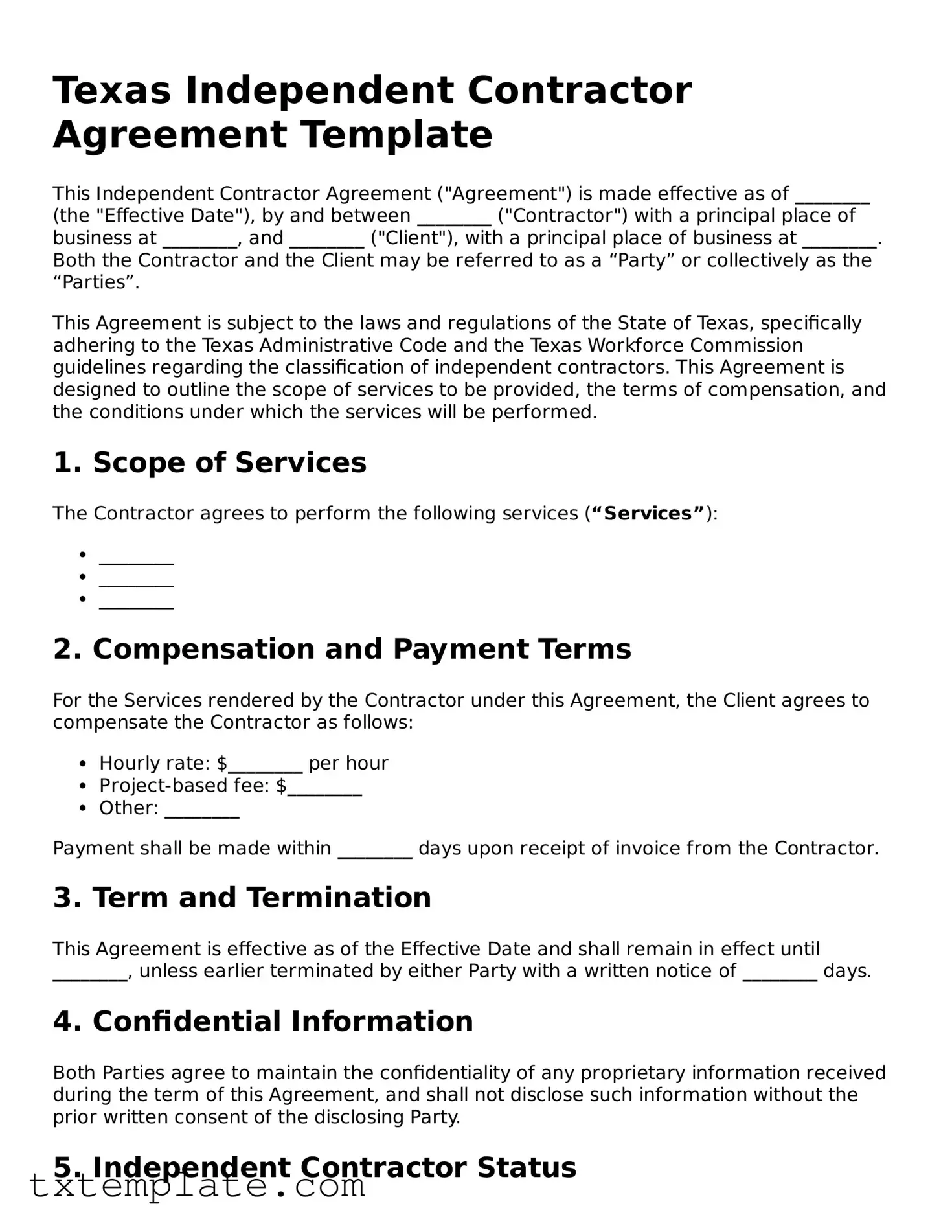 Fillable Texas Independent Contractor Agreement Form