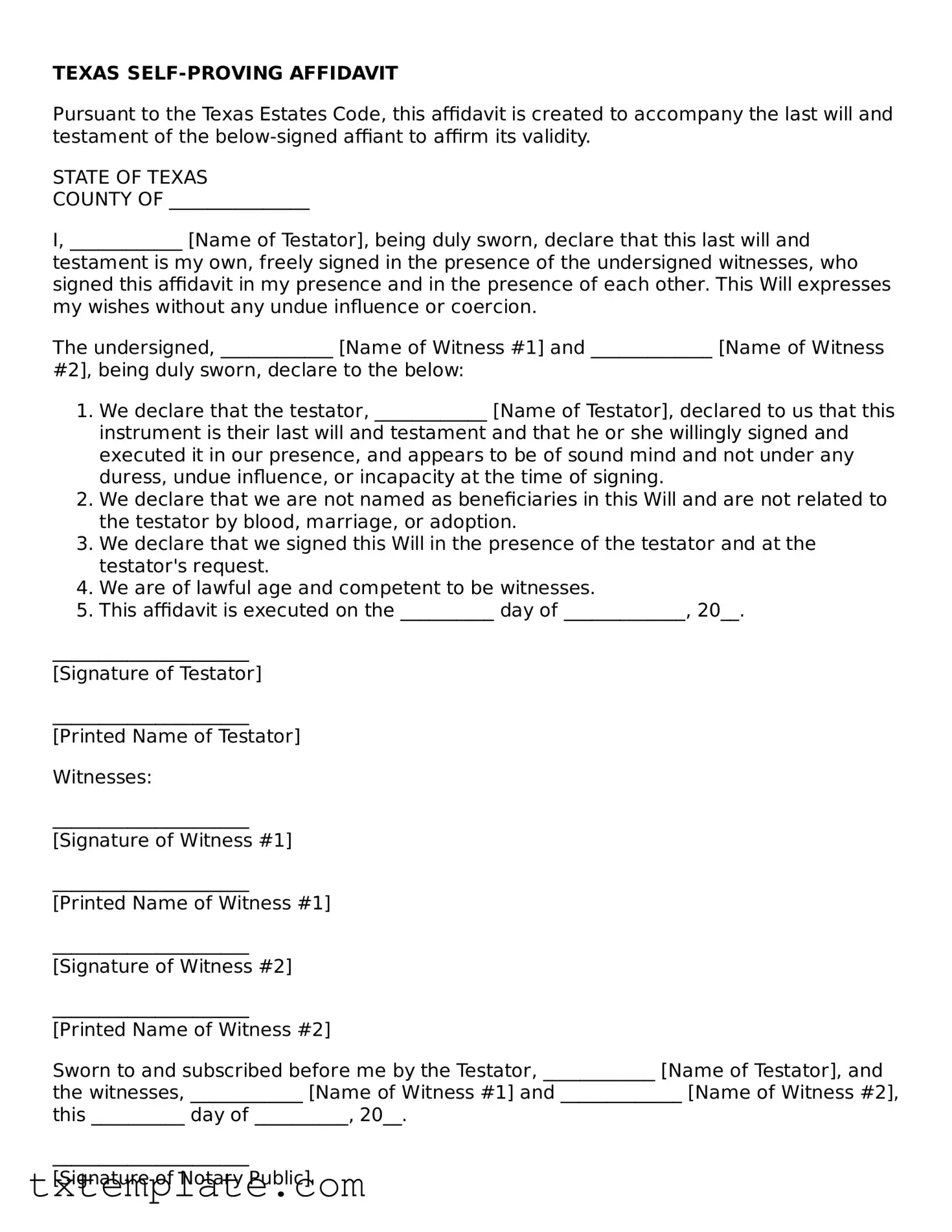 Fillable Texas Self-Proving Affidavit Form
