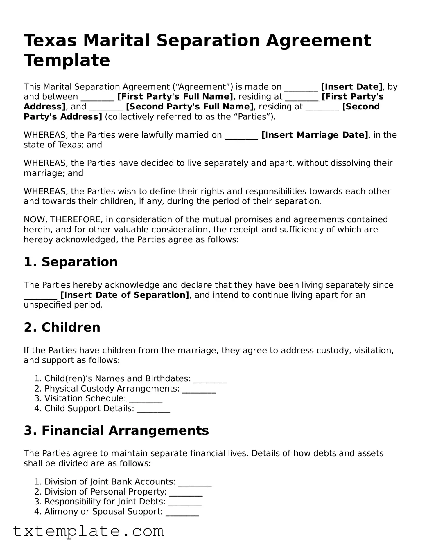 Fillable Texas Marital Separation Agreement Form