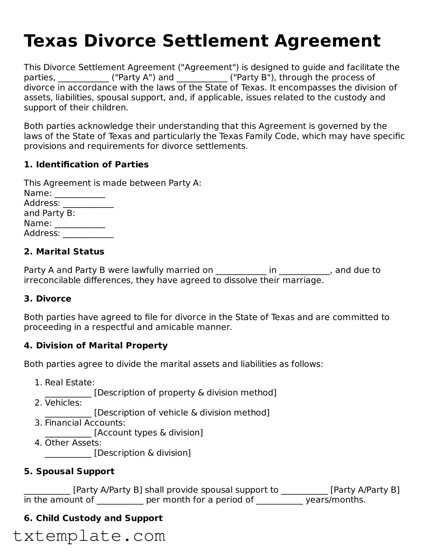 Fillable Texas Divorce Settlement Agreement Form