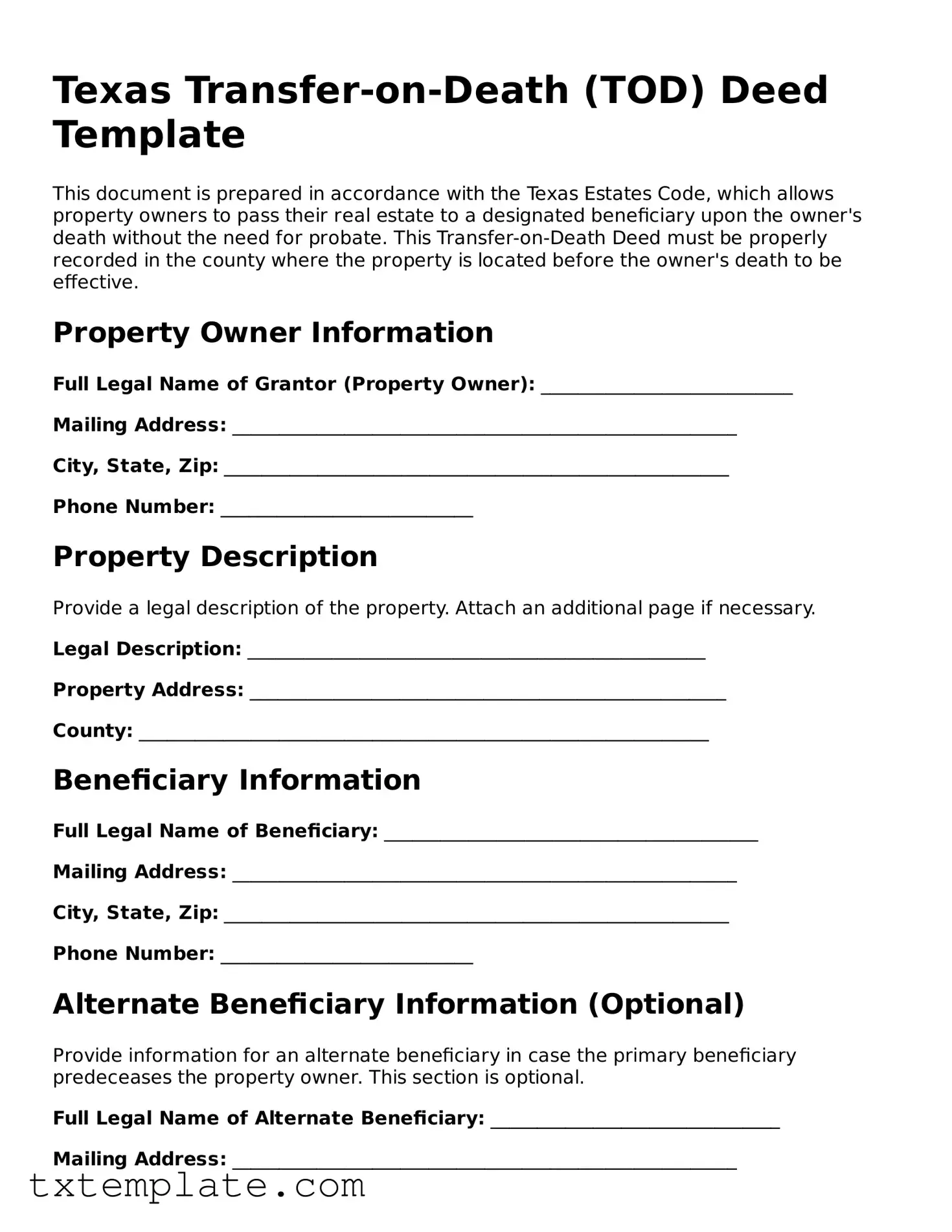 Fillable Texas Transfer-on-Death Deed Form