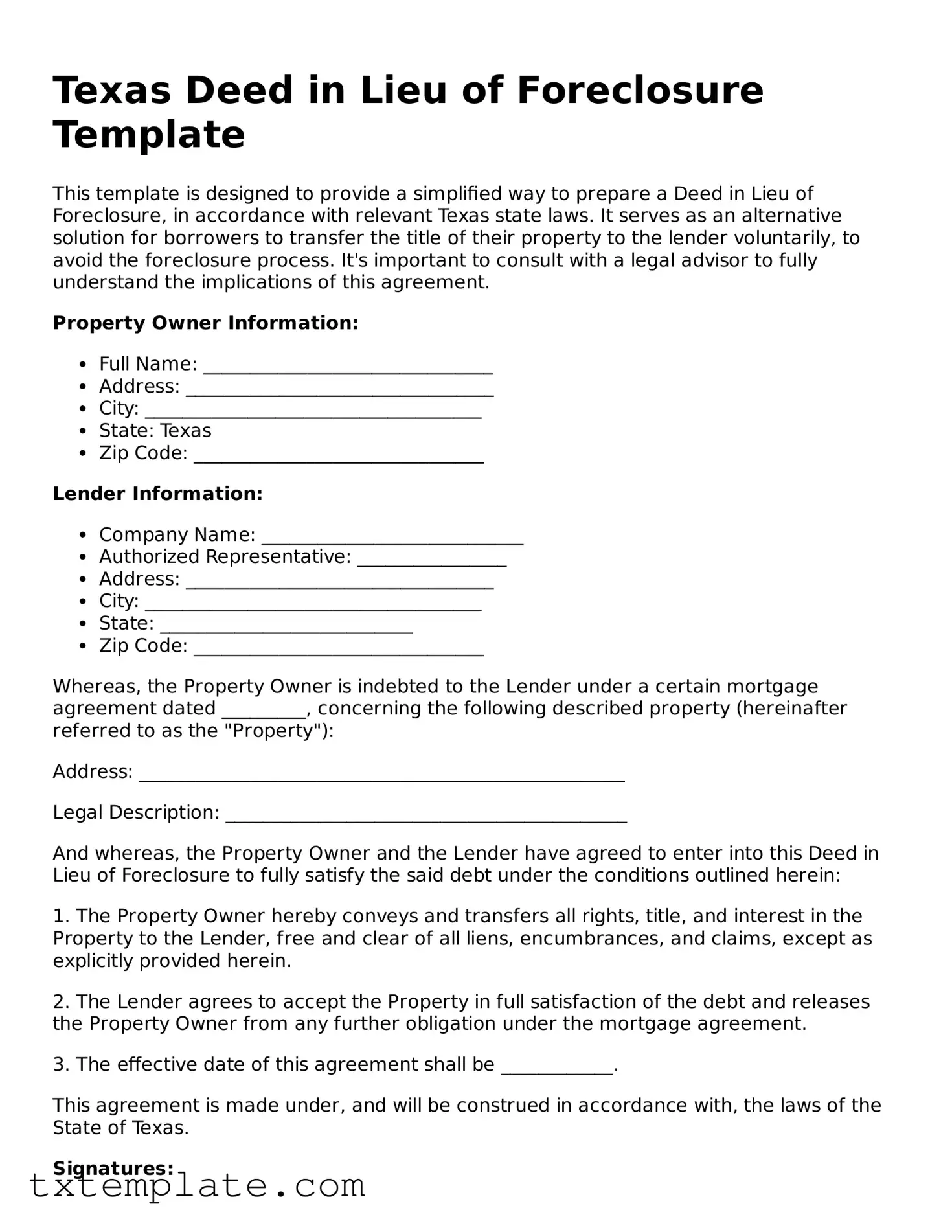 Fillable Texas Deed in Lieu of Foreclosure Form
