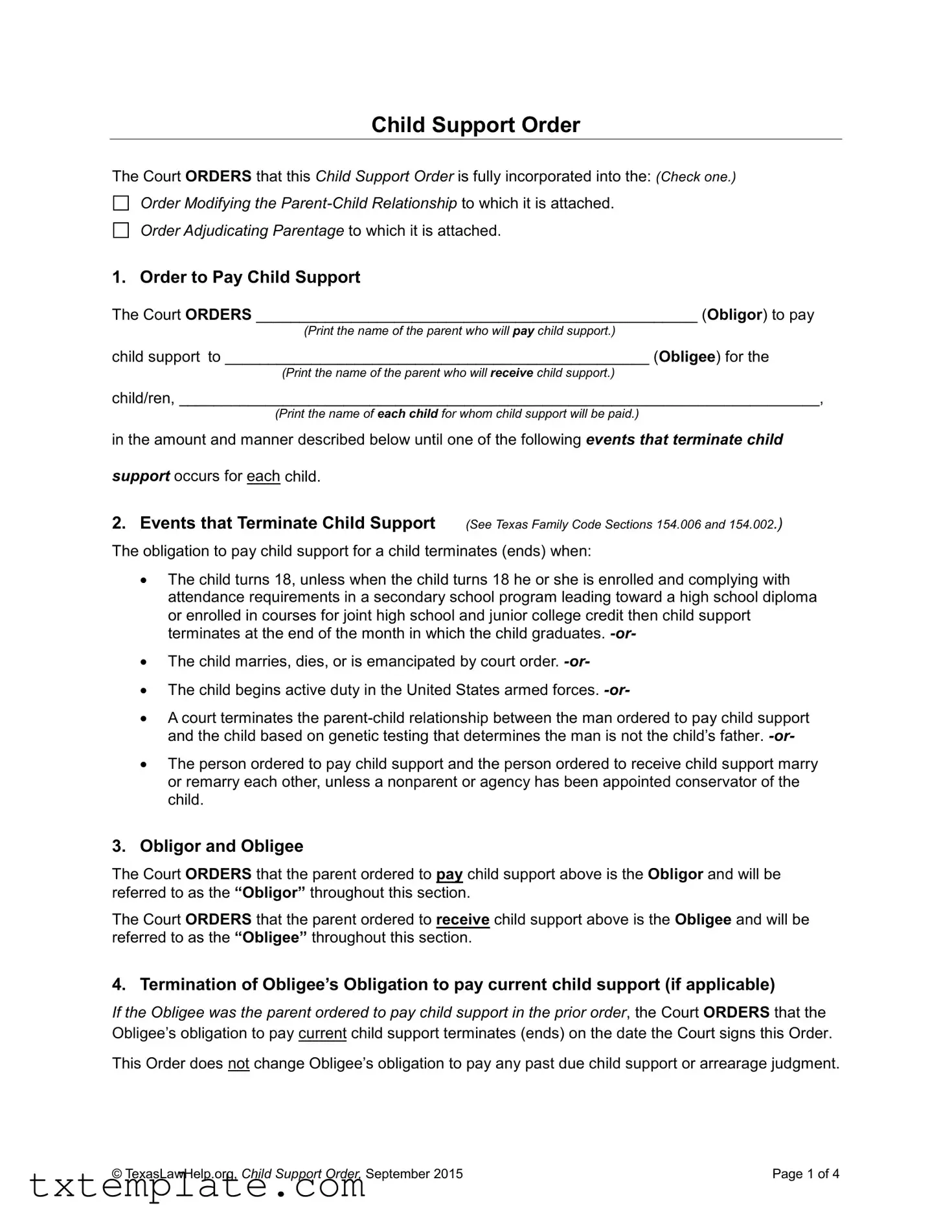 Download Tx Child Support Order Template